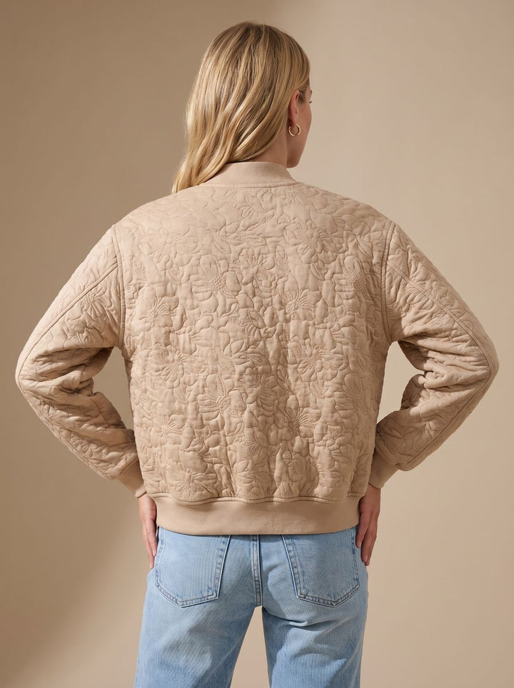 Women's Beige Quilted Zip-Up Bomber Jacket Front Pockets