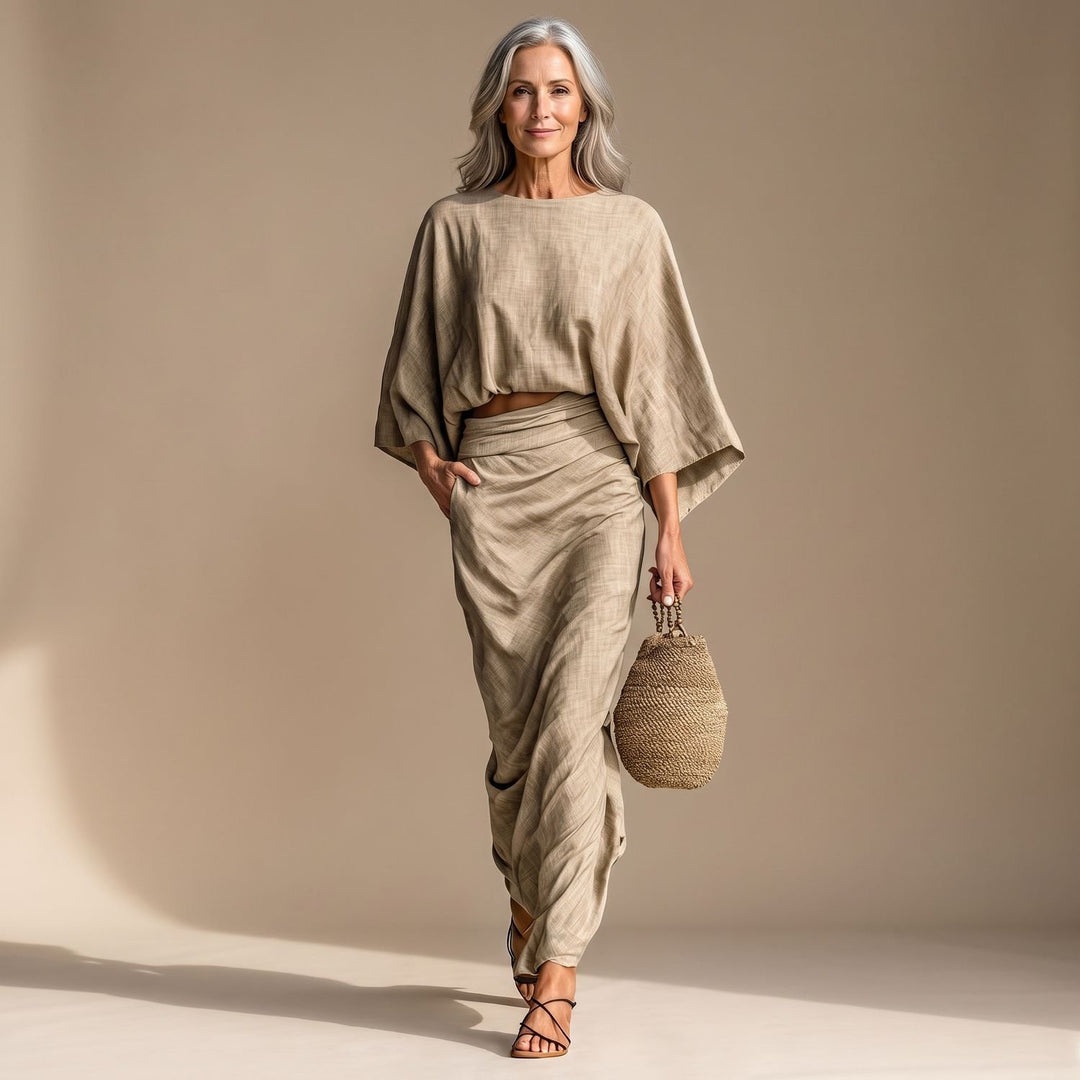 Women's Beige Two Piece Set Batwing Top Long Ruched Skirt - Beige
