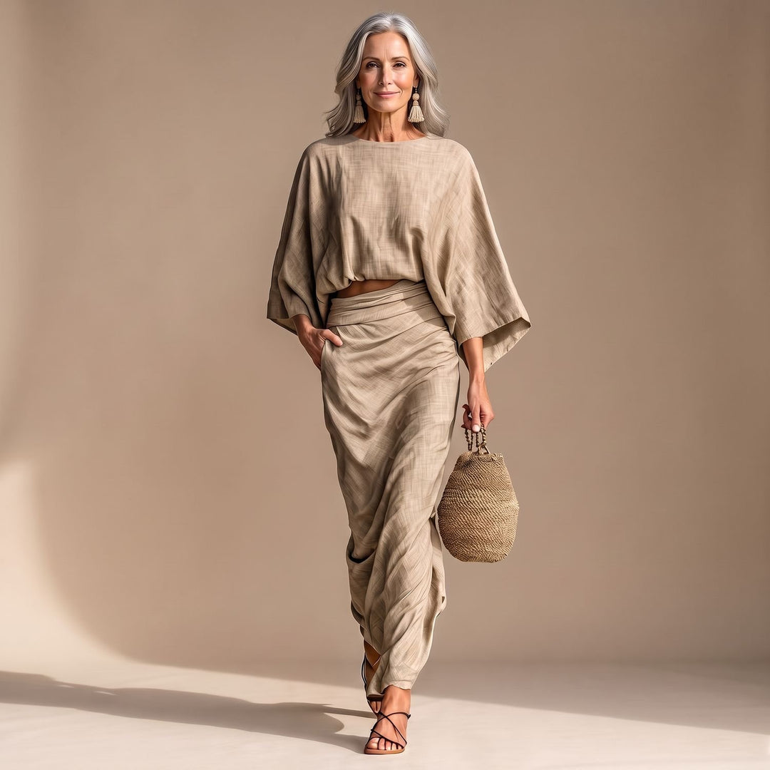 Women's Beige Two Piece Set Batwing Top Long Ruched Skirt