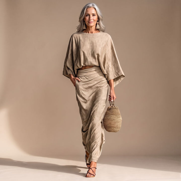 Women's Beige Two Piece Set Batwing Top Long Ruched Skirt