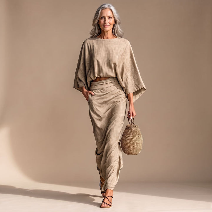 Women's Beige Two Piece Set Batwing Top Long Ruched Skirt
