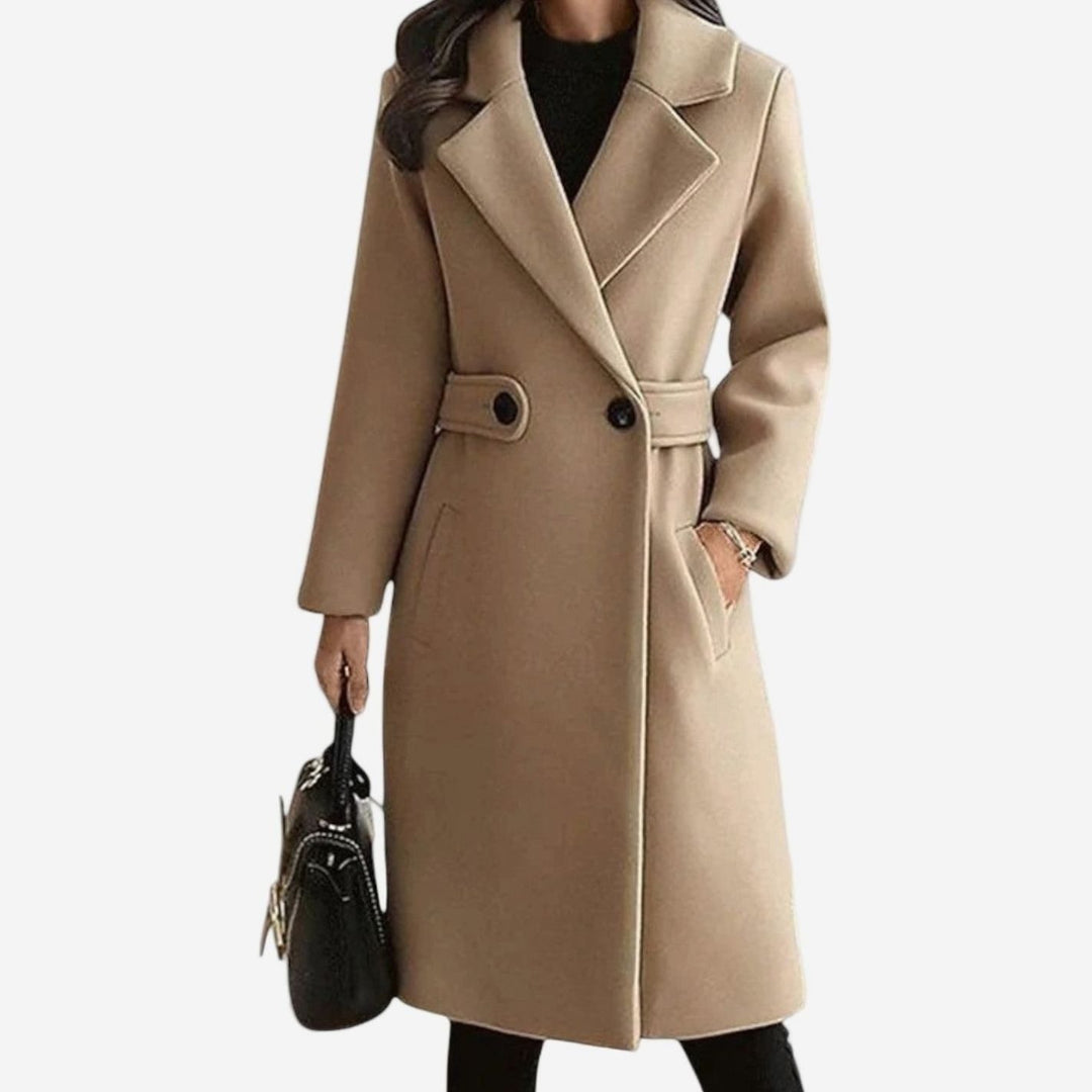 Women's Belted Double-Breasted Notch-Lapel Long Coat - Camel