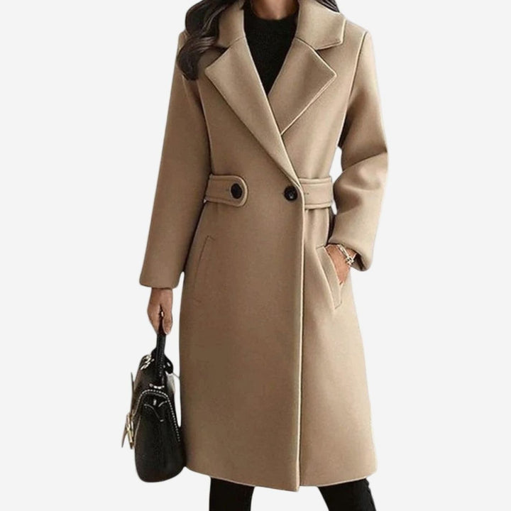 Women's Belted Double-Breasted Notch-Lapel Long Coat - Camel