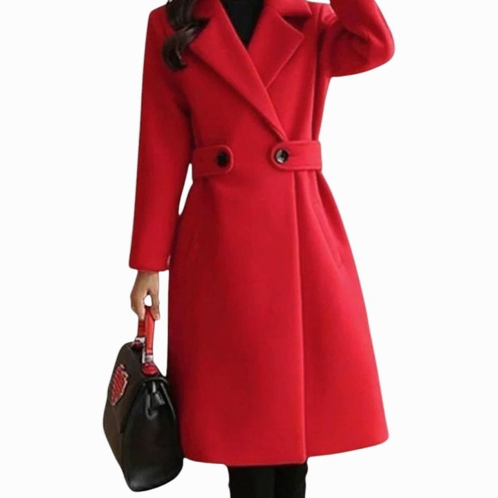 Women's Belted Double-Breasted Notch-Lapel Long Coat - Red