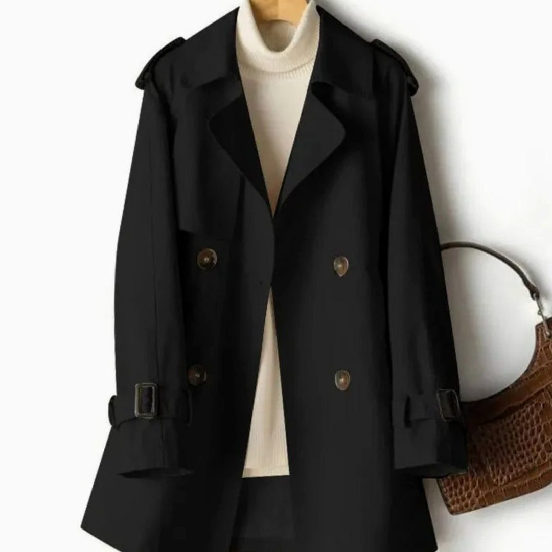 Women's Belted Double-Breasted Trench Coat Notch-Lapel Epaulette - Black