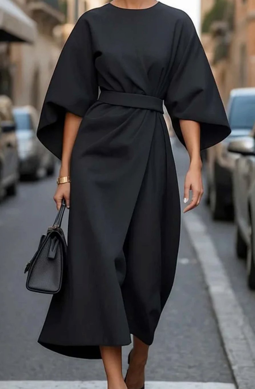 Women's Belted Kimono-Sleeve Midi Elegant Dress