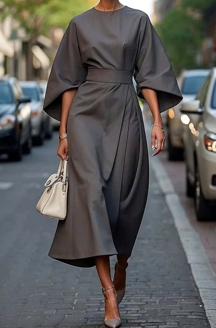 Women's Belted Kimono-Sleeve Midi Elegant Dress - Gray
