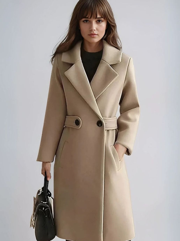 Women's Belted Longline Notch-Lapel Winter Coat - Camel