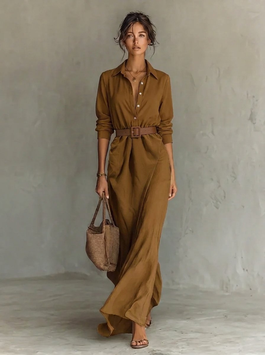Women's Belted Maxi Long Sleeve Dress Collared Shirt Style - Khaki