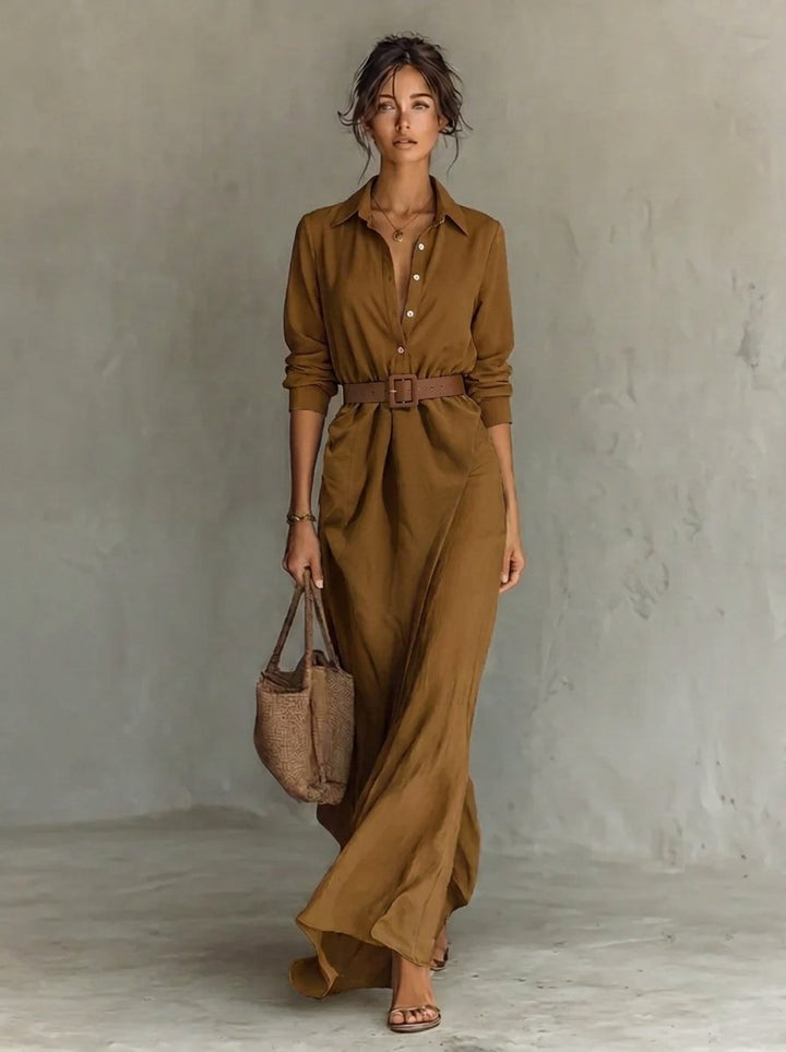 Women's Belted Maxi Long Sleeve Dress Collared Shirt Style - Khaki