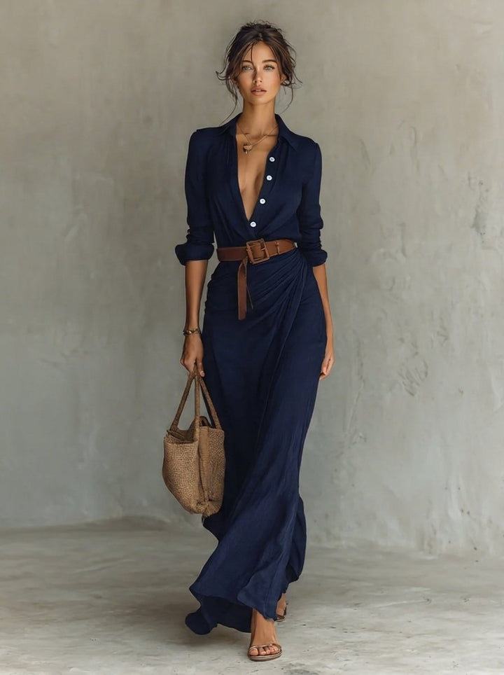 Women's Belted Maxi Long Sleeve Dress Collared Shirt Style - Navy Blue