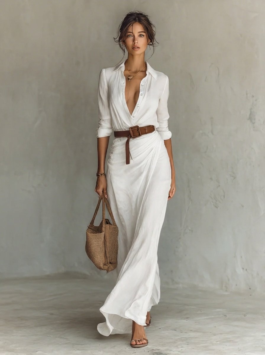 Women's Belted Maxi Long Sleeve Dress Collared Shirt Style - White