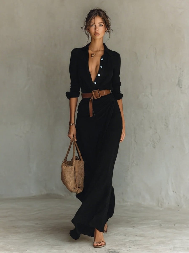 Women's Belted Maxi Long Sleeve Dress Collared Shirt Style - Black