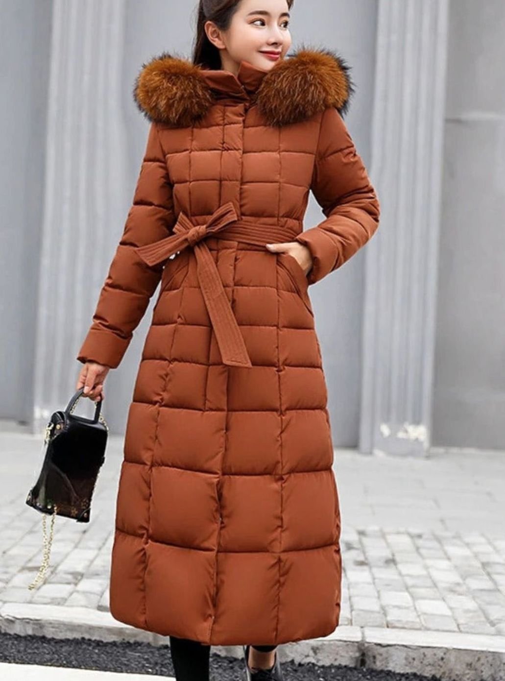 Women's Belted Maxi Quilted Fur-Hood Puffer Coat - Caramel