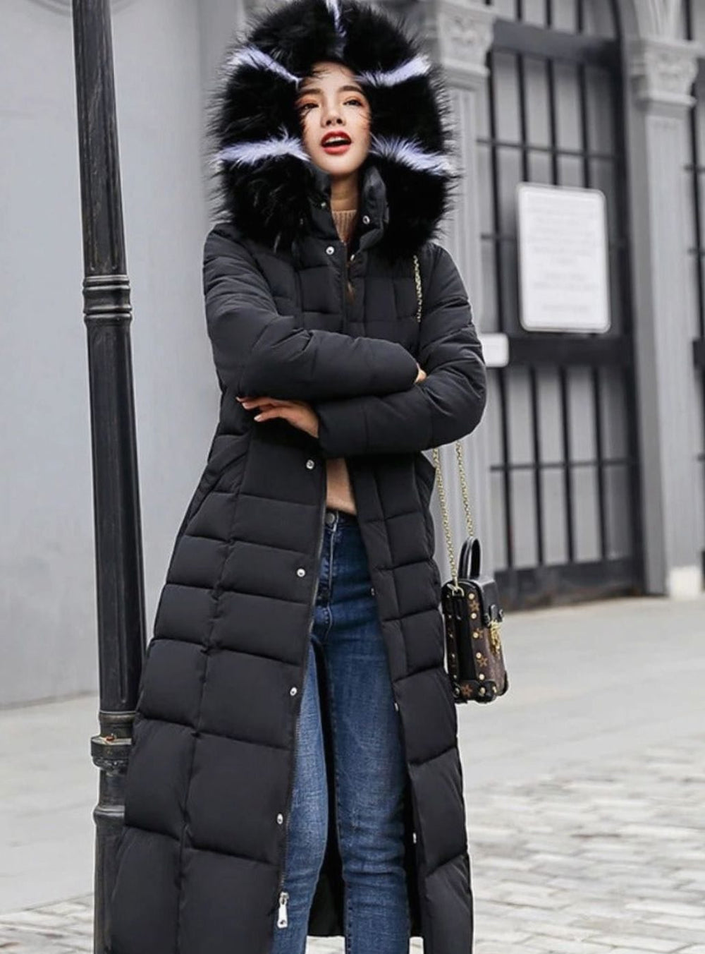 Women's Belted Maxi Quilted Fur-Hood Puffer Coat - Black