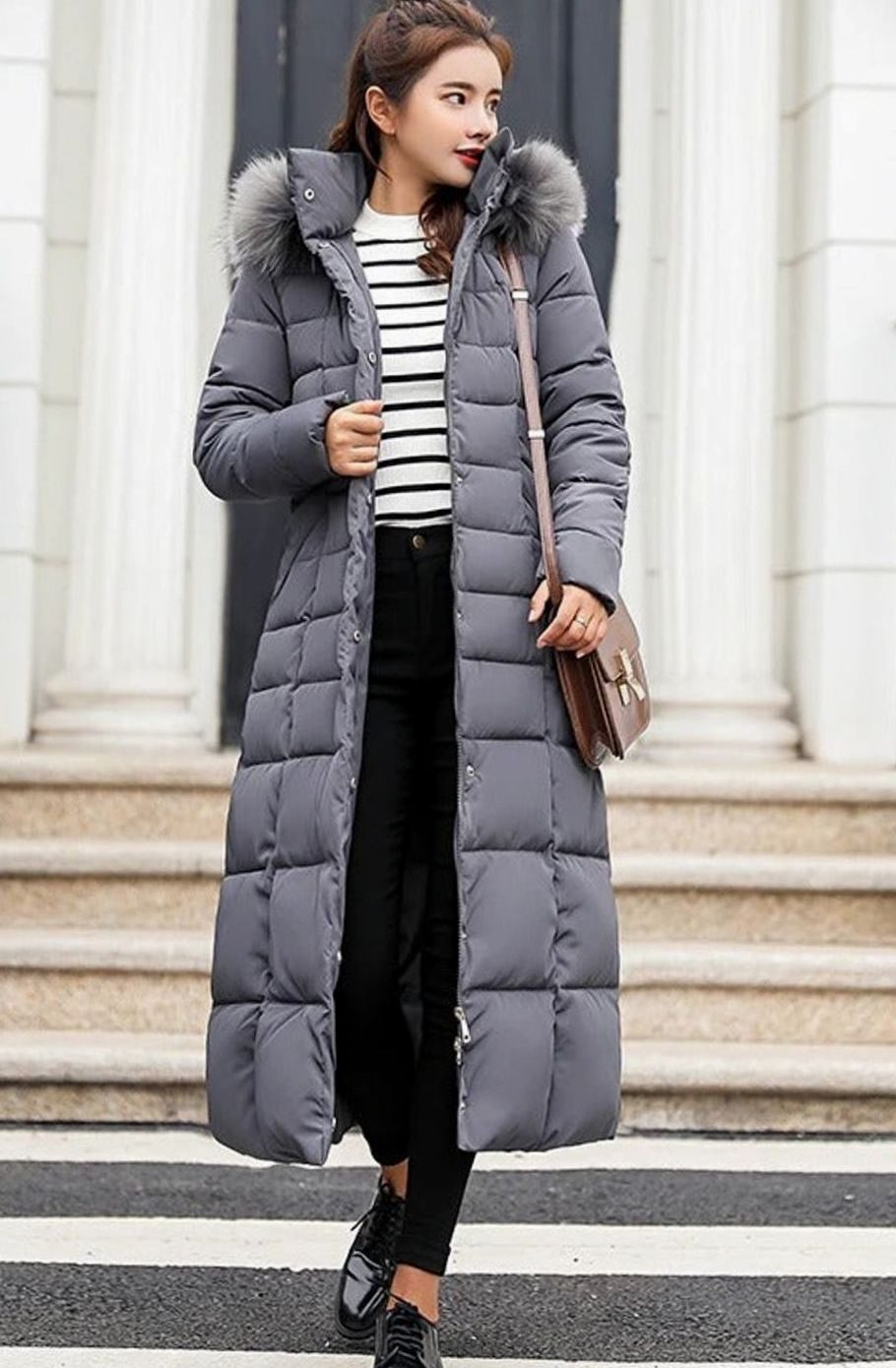 Women's Belted Maxi Quilted Fur-Hood Puffer Coat - Dark Gray