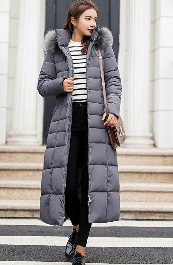 Women's Belted Maxi Quilted Fur-Hood Puffer Coat - Dark Gray