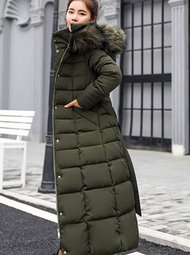 Women's Belted Maxi Quilted Fur-Hood Puffer Coat - Army Green