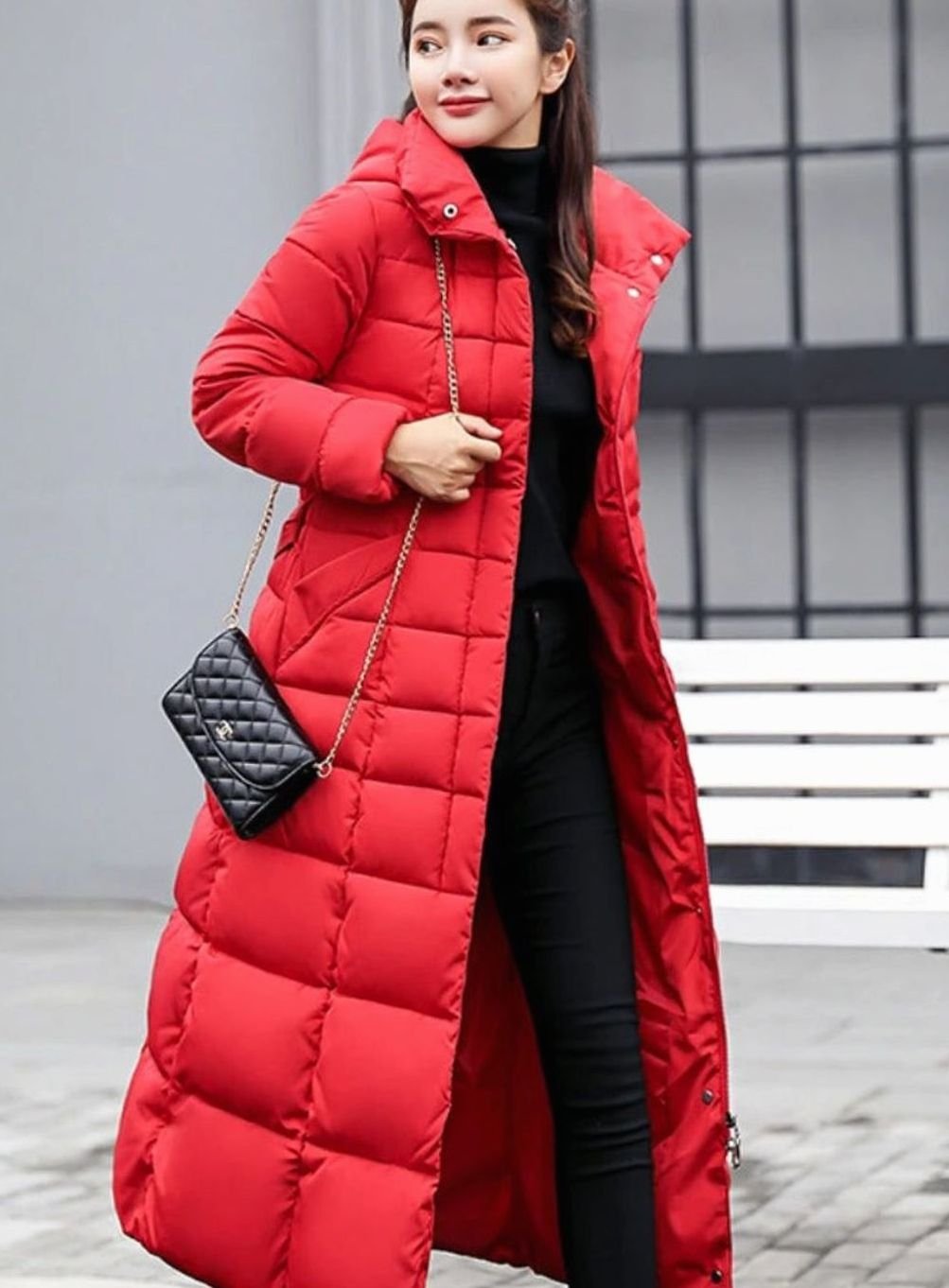 Women's Belted Maxi Quilted Fur-Hood Puffer Coat - Red