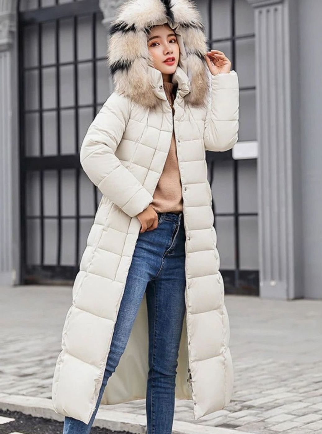 Women's Belted Maxi Quilted Fur-Hood Puffer Coat - Off White