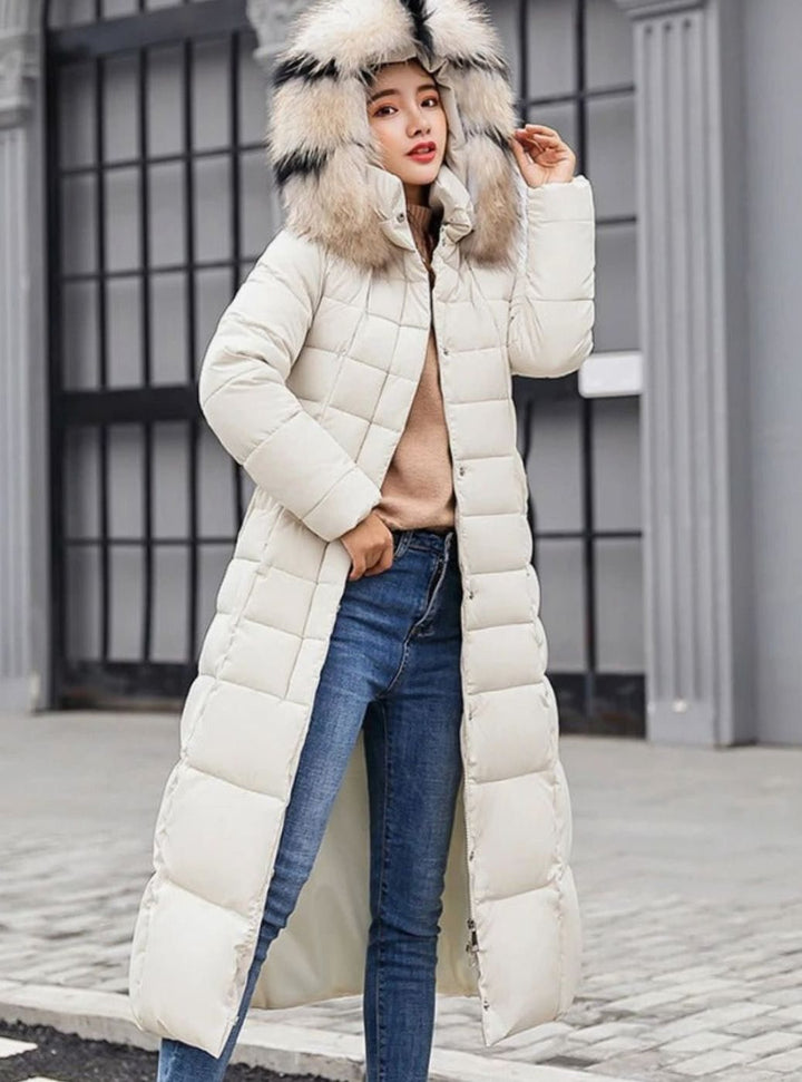 Women's Belted Maxi Quilted Fur-Hood Puffer Coat - Off White
