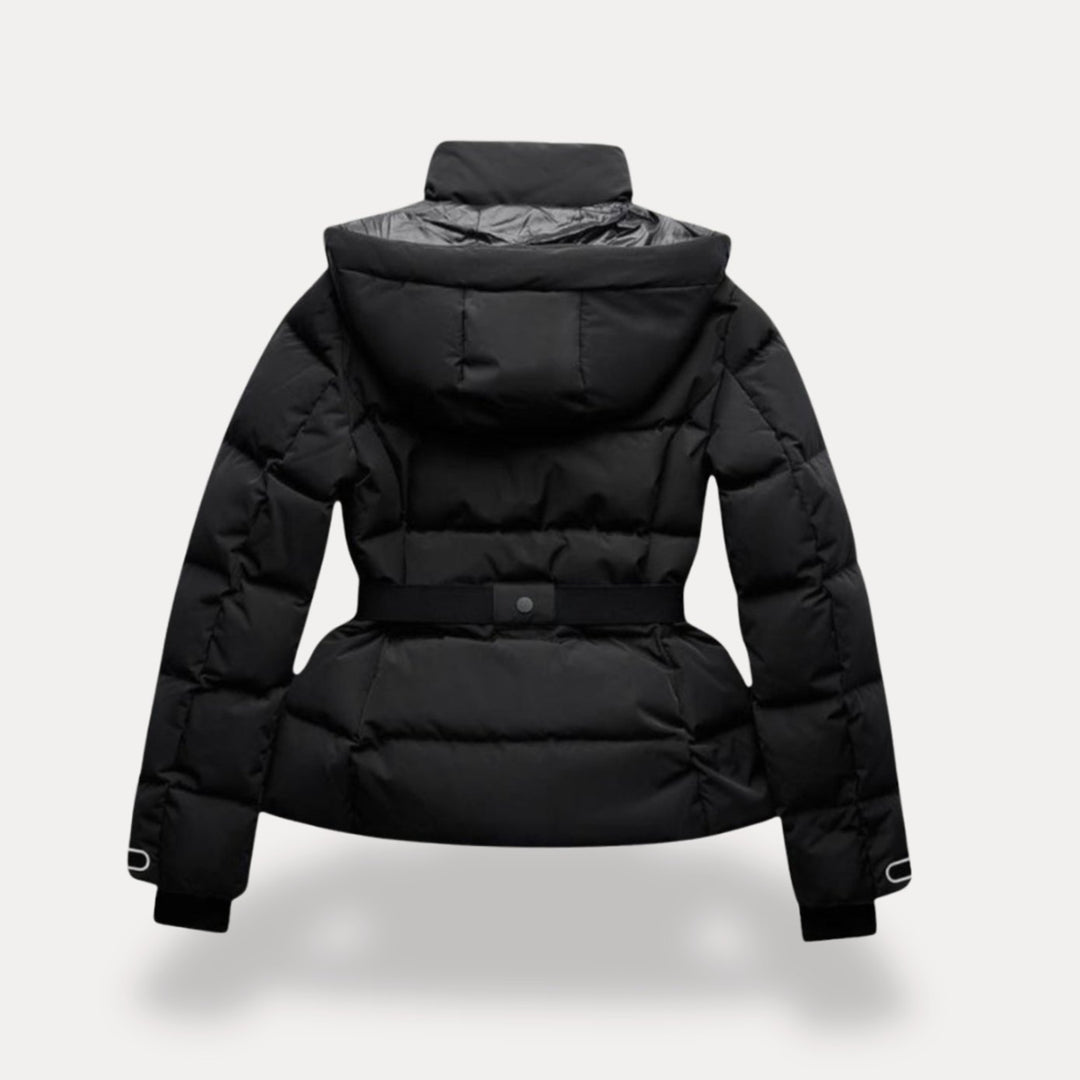 Women's Belted Quilted Puffer Jacket Hooded Zip-Pocket