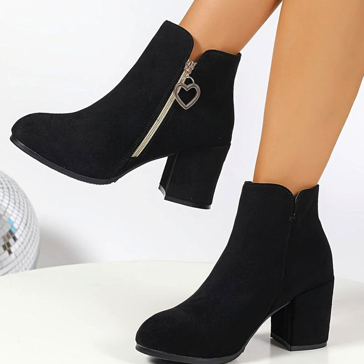 Women's Black Block-Heel Suede Ankle Boots Heart-Charm Zipper - Black