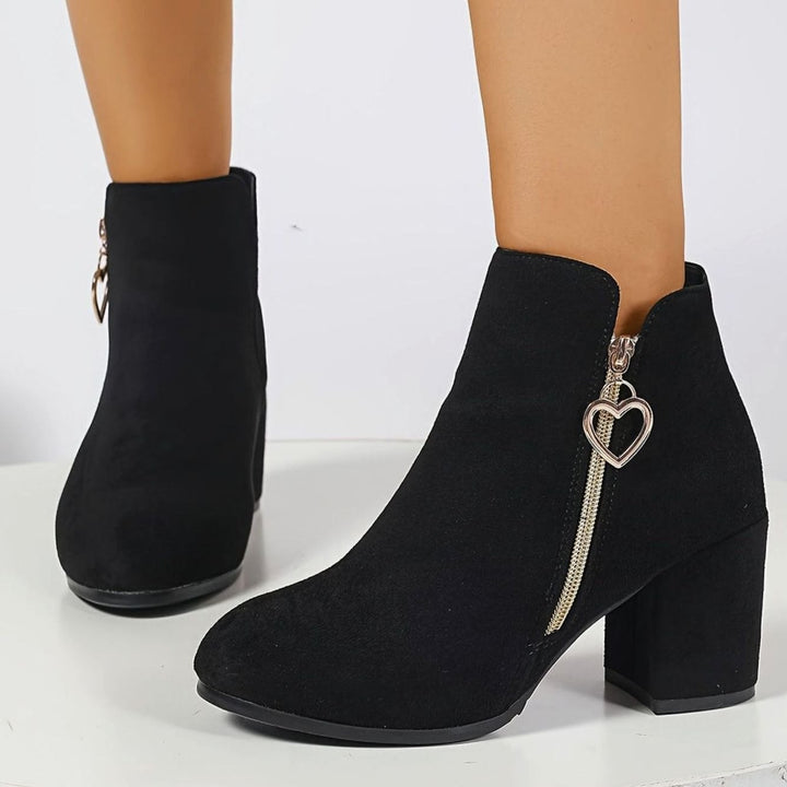 Women's Black Block-Heel Suede Ankle Boots Heart-Charm Zipper