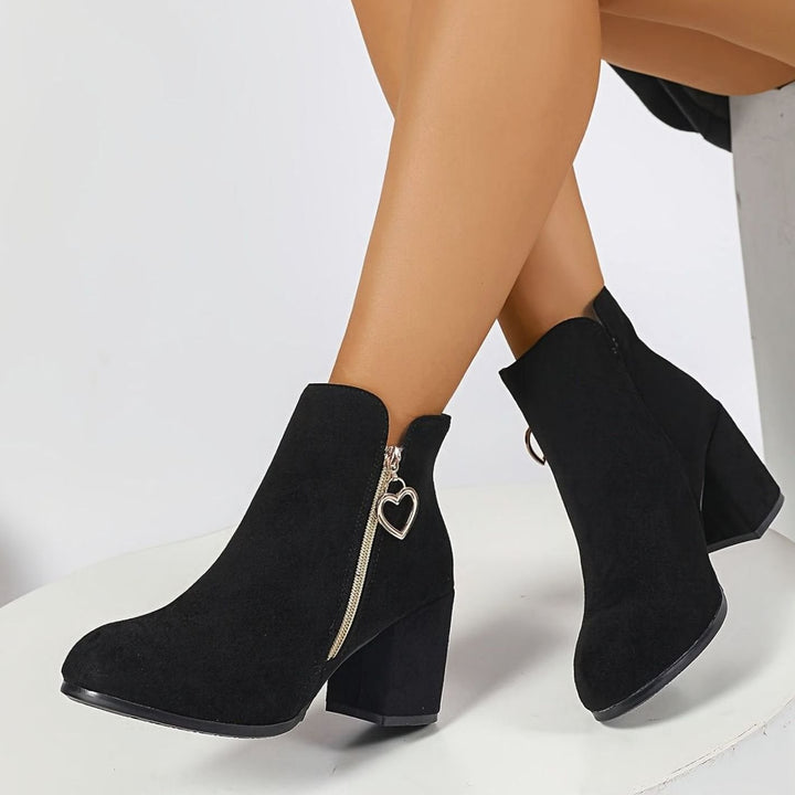 Women's Black Block-Heel Suede Ankle Boots Heart-Charm Zipper