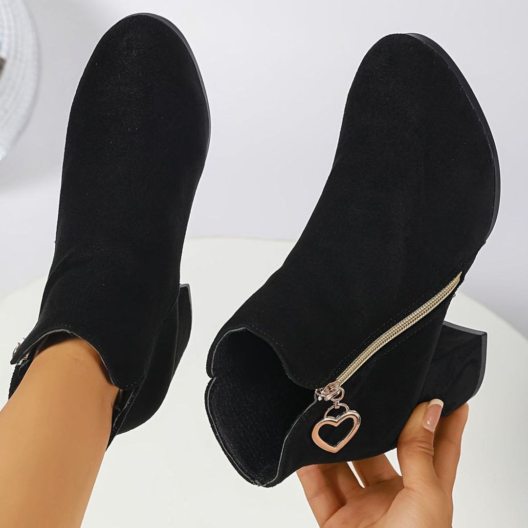 Women's Black Block-Heel Suede Ankle Boots Heart-Charm Zipper
