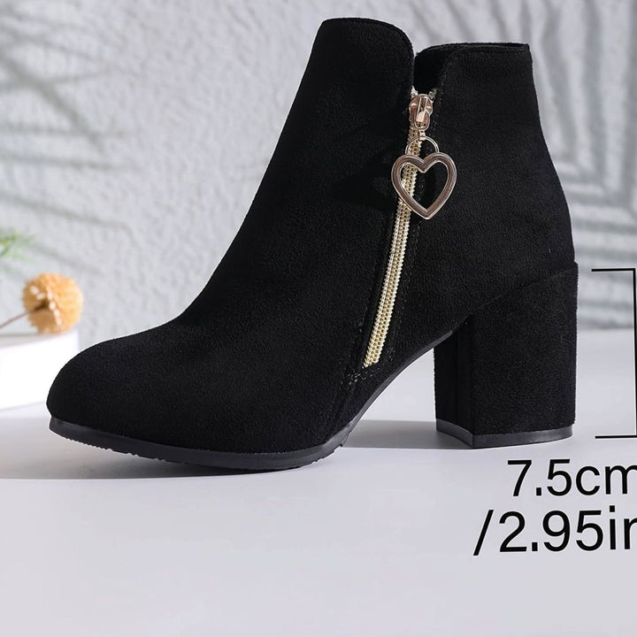 Women's Black Block-Heel Suede Ankle Boots Heart-Charm Zipper