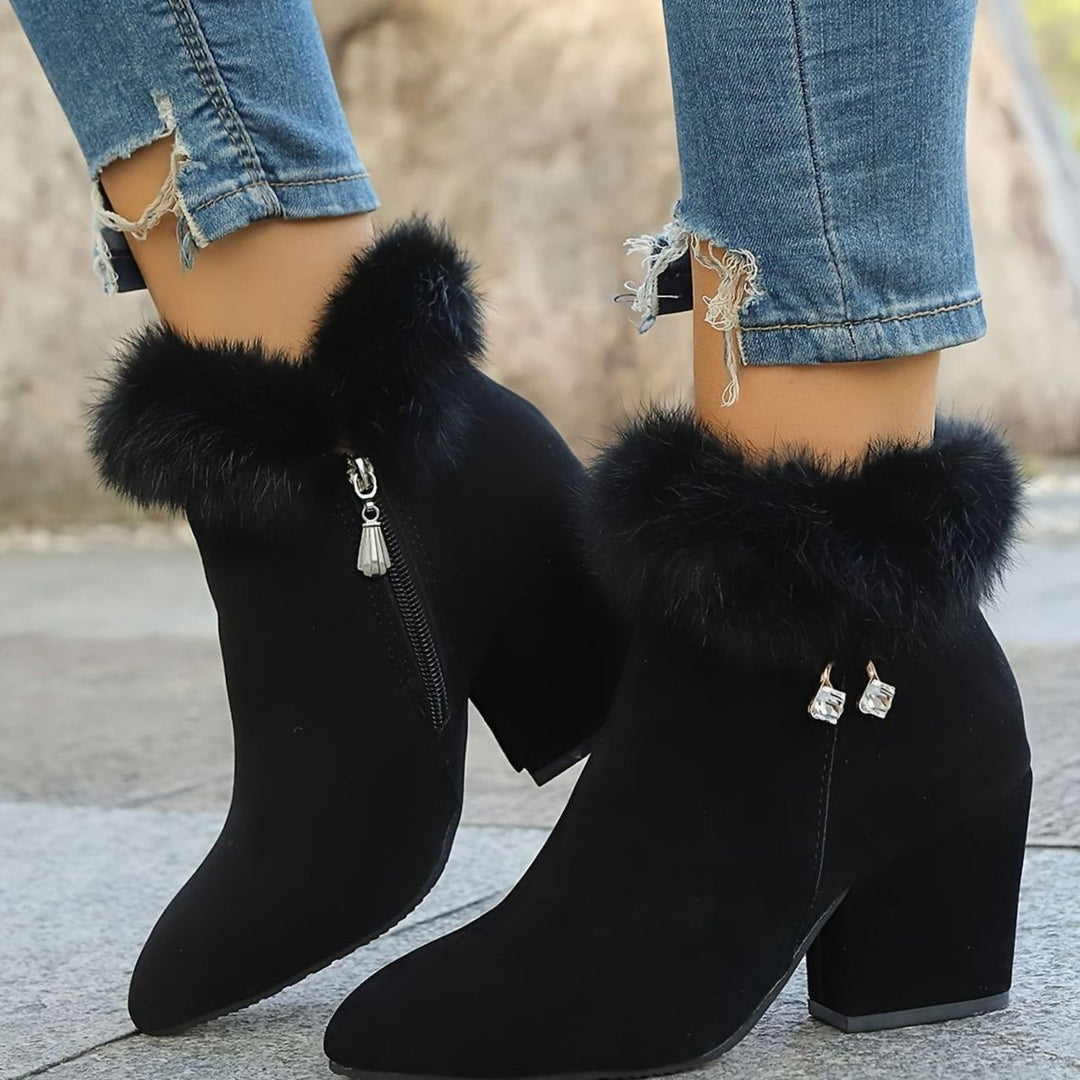 Women's Black Boots Fur-Trim Block-Heel Pointed-Toe Ankle Booties - Black