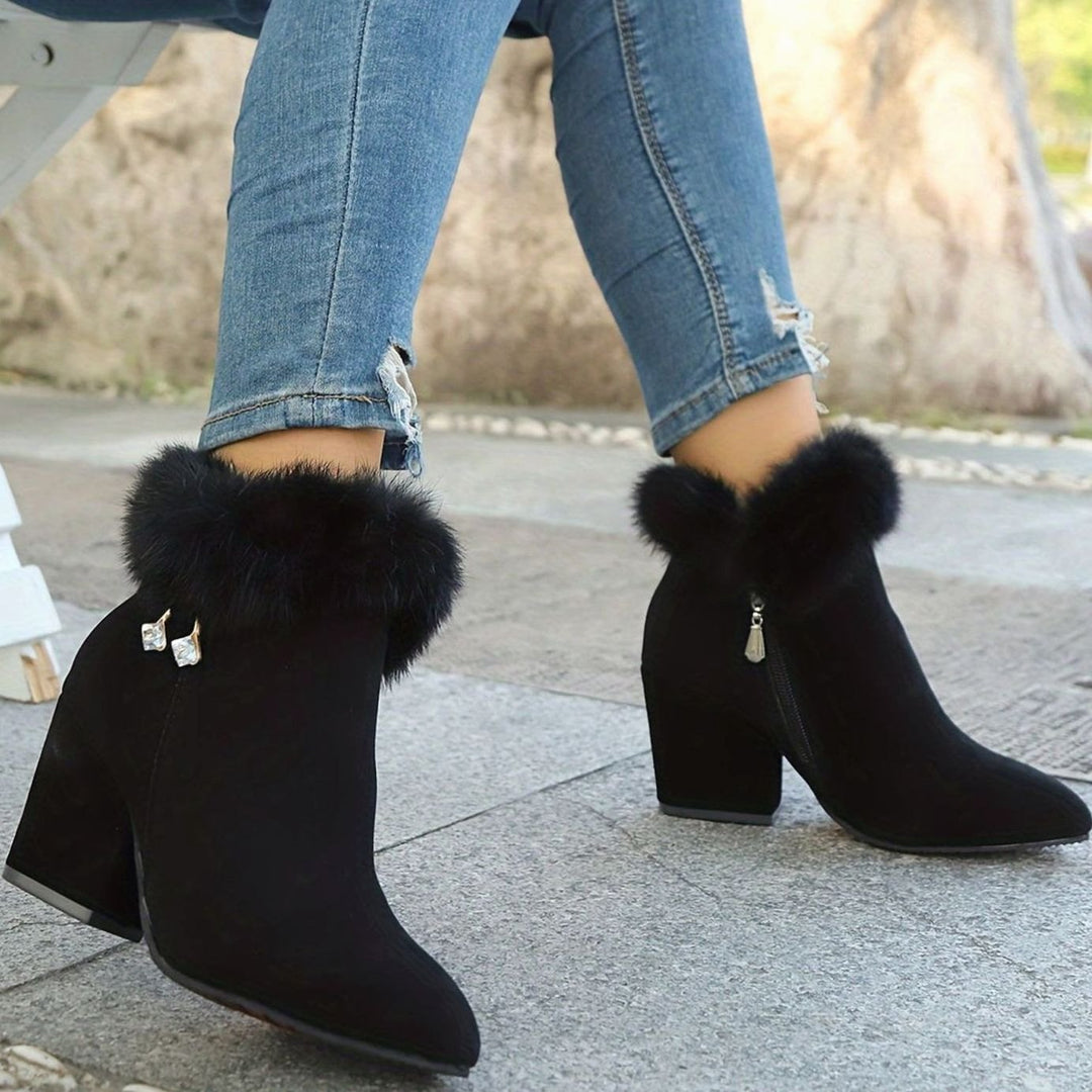 Women's Black Boots Fur-Trim Block-Heel Pointed-Toe Ankle Booties