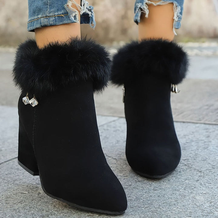Women's Black Boots Fur-Trim Block-Heel Pointed-Toe Ankle Booties