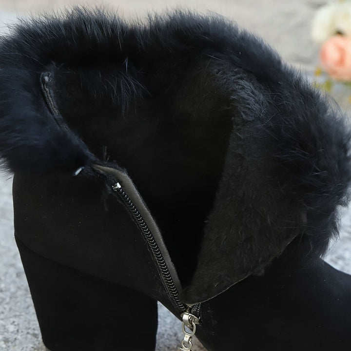 Women's Black Boots Fur-Trim Block-Heel Pointed-Toe Ankle Booties