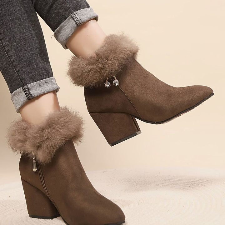 Women's Black Boots Fur-Trim Block-Heel Pointed-Toe Ankle Booties