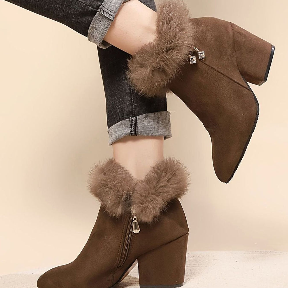 Women's Black Boots Fur-Trim Block-Heel Pointed-Toe Ankle Booties