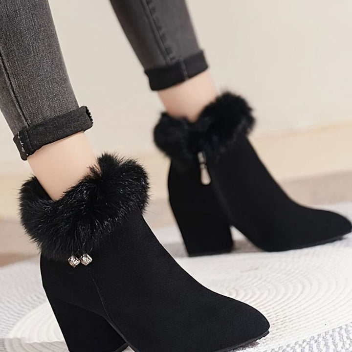 Women's Black Boots Fur-Trim Block-Heel Pointed-Toe Ankle Booties