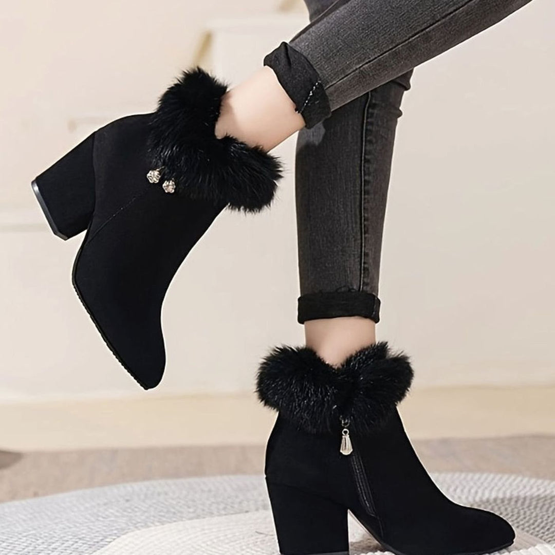Women's Black Boots Fur-Trim Block-Heel Pointed-Toe Ankle Booties
