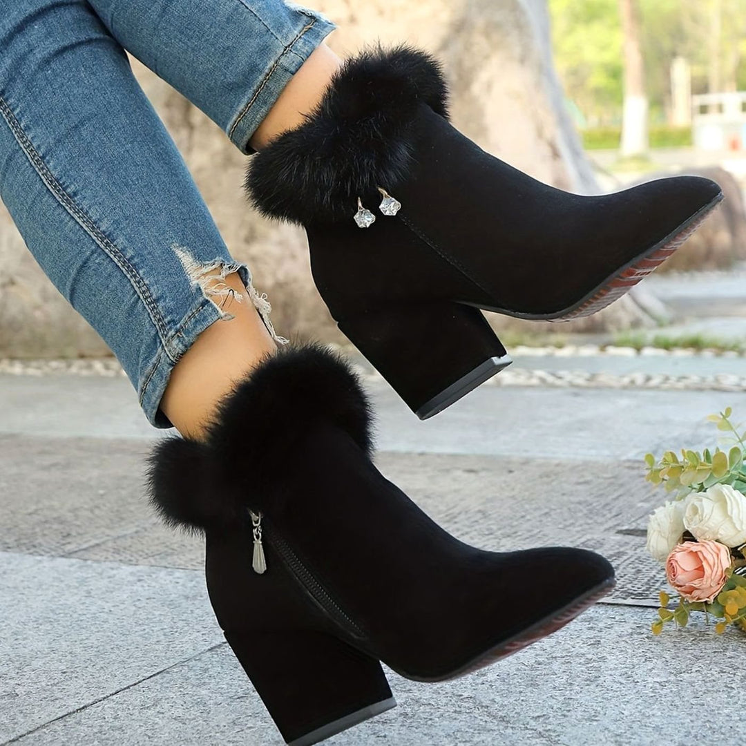 Women's Black Boots Fur-Trim Block-Heel Pointed-Toe Ankle Booties