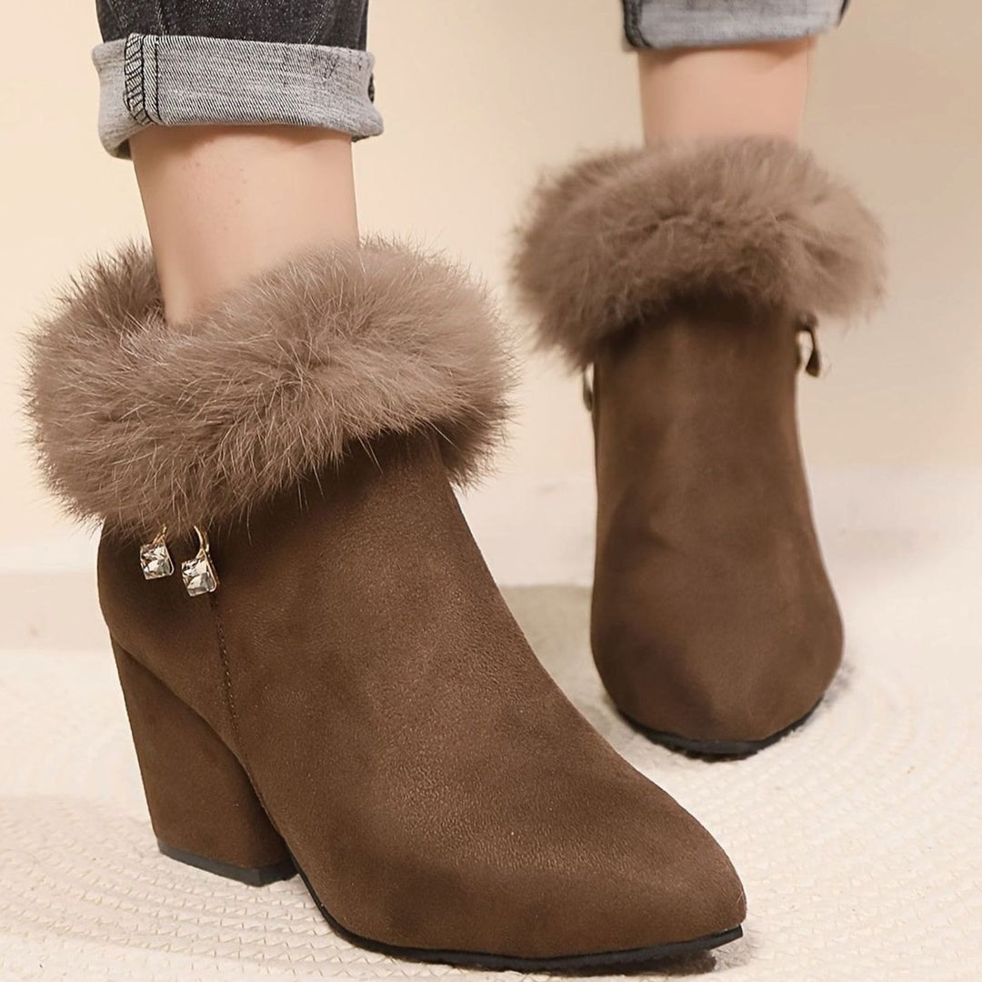 Women's Black Boots Fur-Trim Block-Heel Pointed-Toe Ankle Booties - Dark Brown