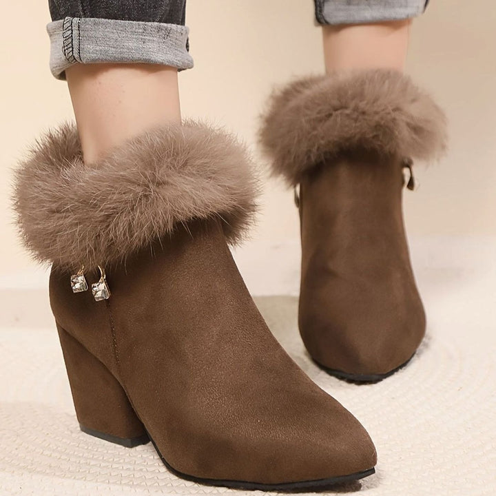 Women's Black Boots Fur-Trim Block-Heel Pointed-Toe Ankle Booties - Dark Brown