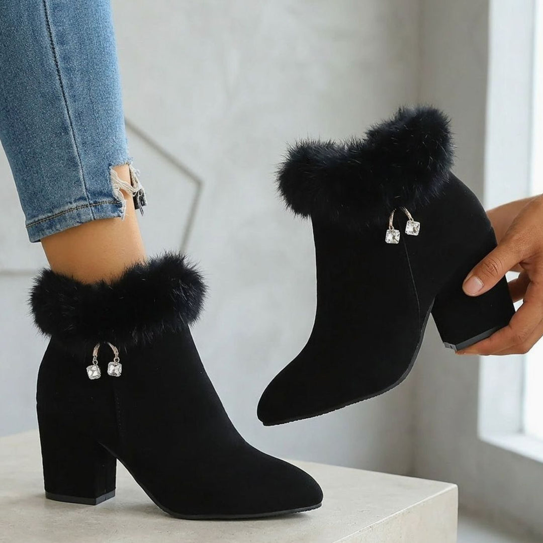 Women's Black Boots Fur-Trim Block-Heel Pointed-Toe Ankle Booties