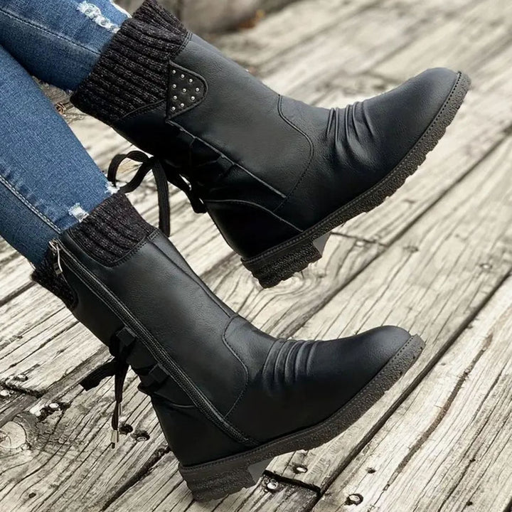 Women's Black Chelsea Boots Chunky Heel Lace-Up Side Zipper - Black