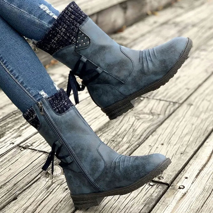 Women's Black Chelsea Boots Chunky Heel Lace-Up Side Zipper - Blue