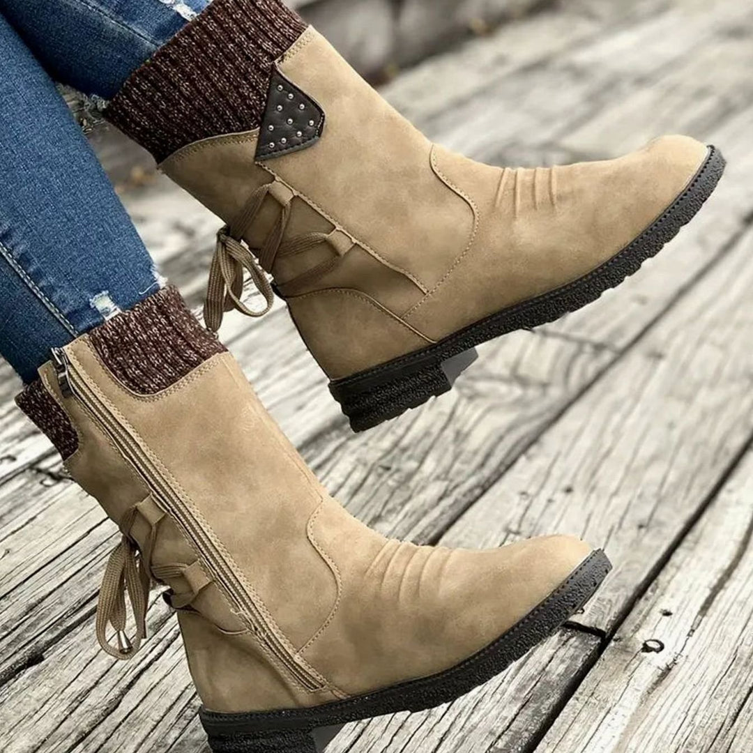 Women's Black Chelsea Boots Chunky Heel Lace-Up Side Zipper - Khaki