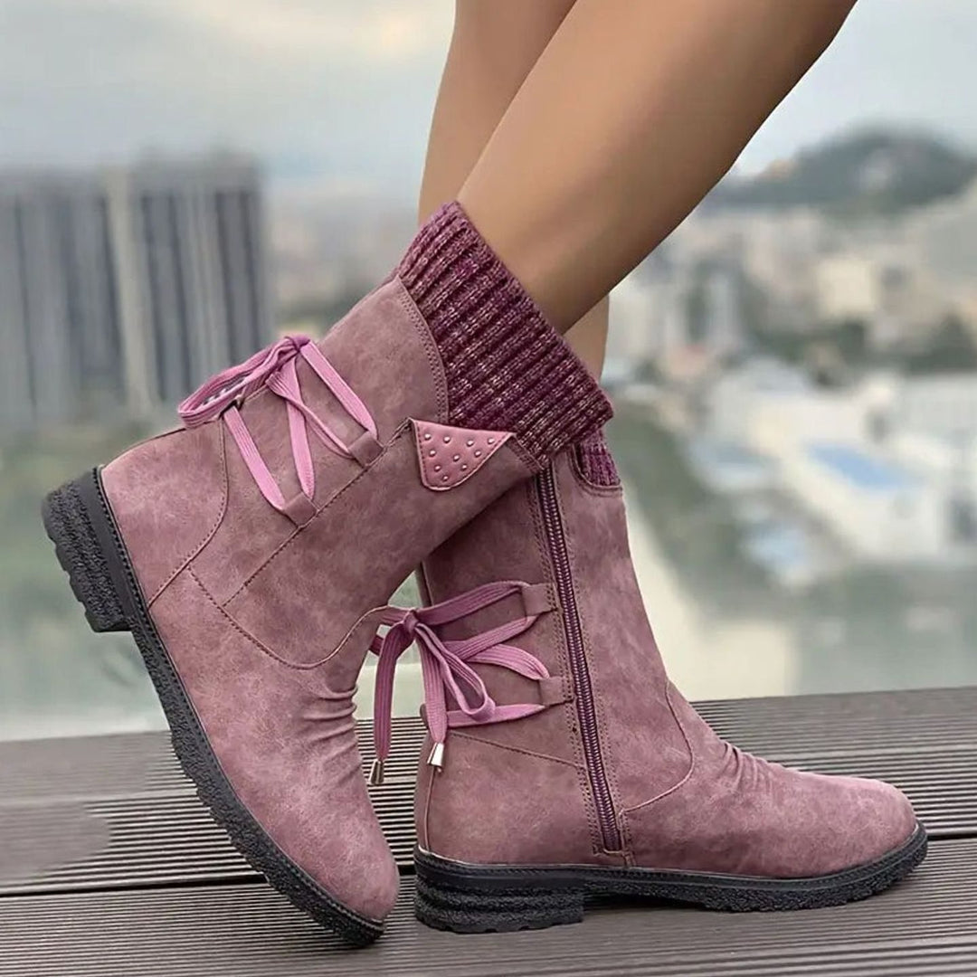Women's Black Chelsea Boots Chunky Heel Lace-Up Side Zipper - Purple
