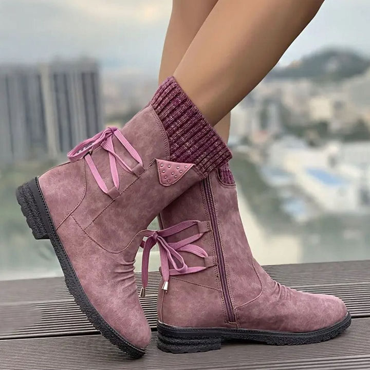 Women's Black Chelsea Boots Chunky Heel Lace-Up Side Zipper - Purple