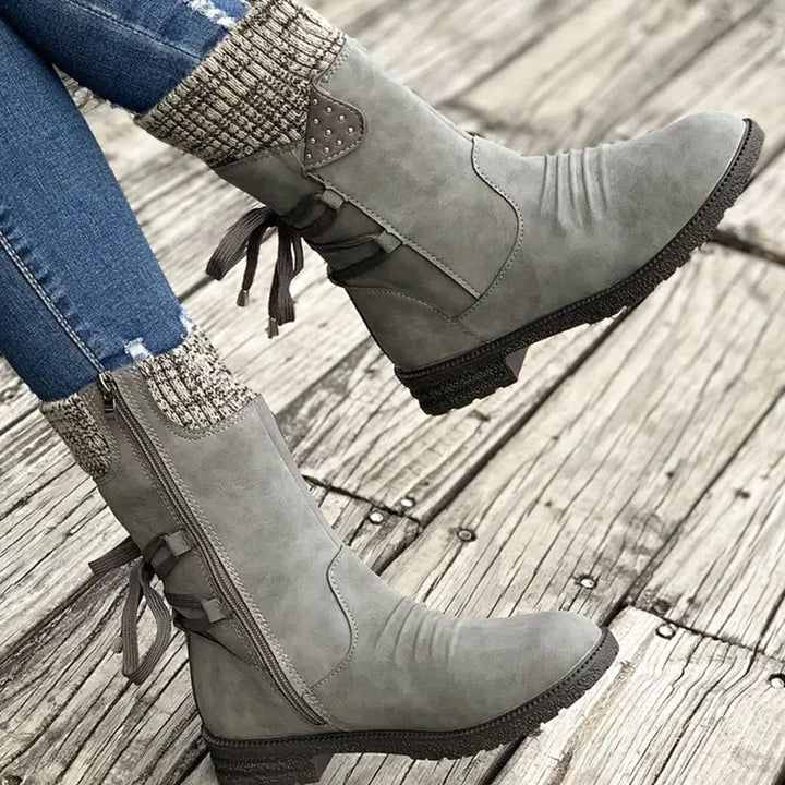 Women's Black Chelsea Boots Chunky Heel Lace-Up Side Zipper - Gray