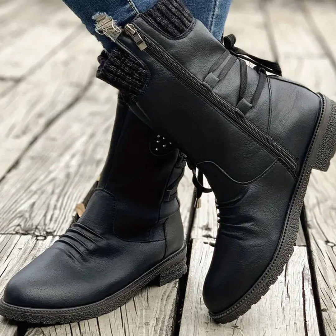 Women's Black Chelsea Boots Chunky Heel Lace-Up Side Zipper